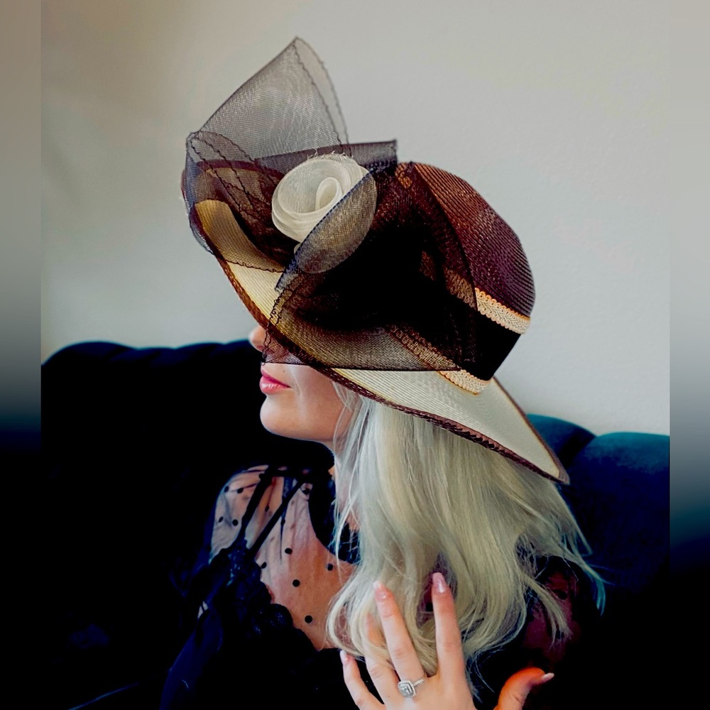 Vintage Wide Brim Church/Derby Hat w Mesh Bow & Flower